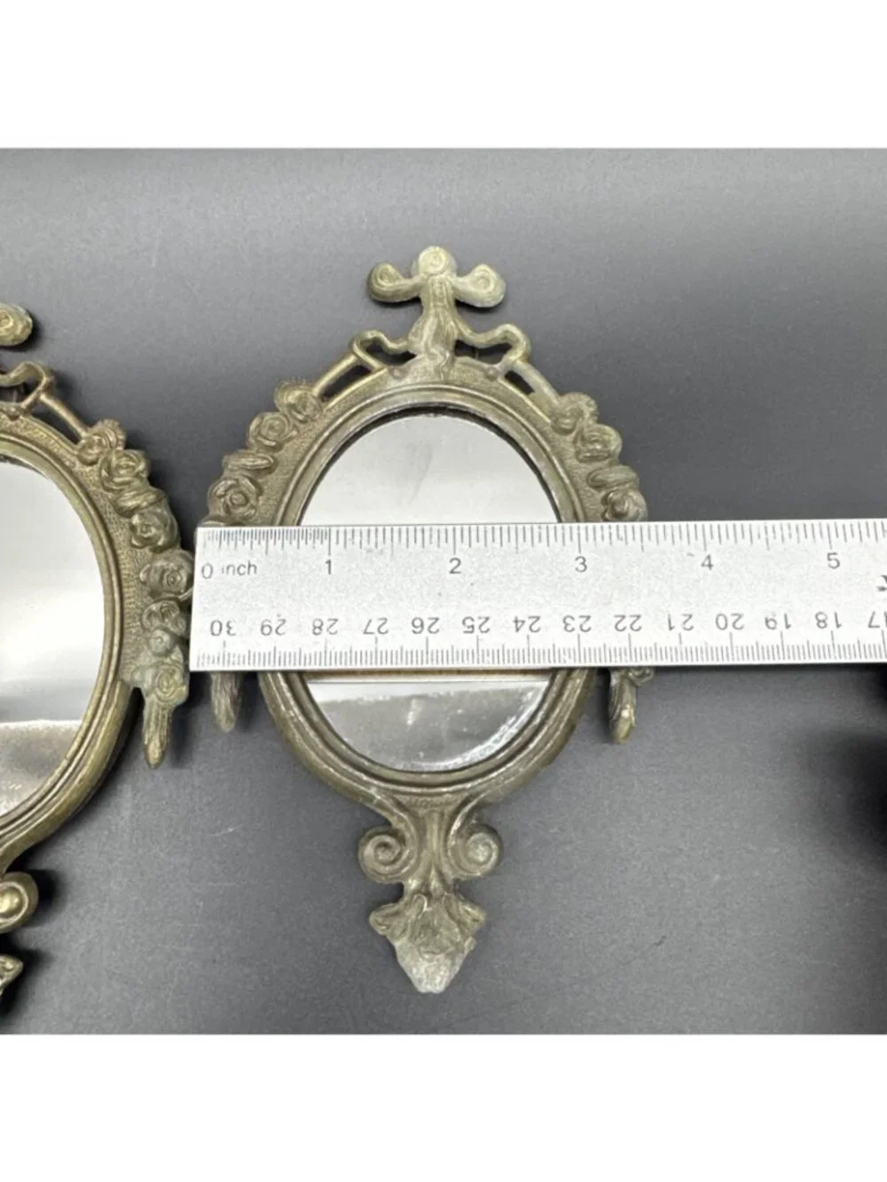 VTG 6” Ornate Gold Bronze Wall Hanging Mirror Set Floral Bow Rocco Gallery Italy
